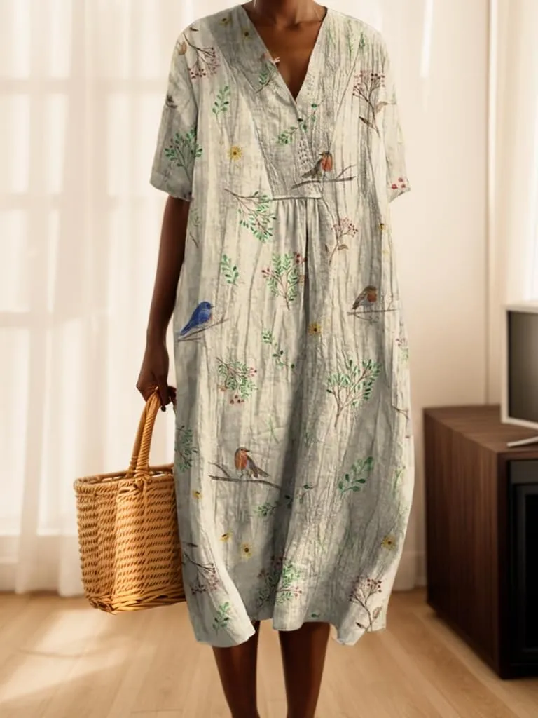 TIAFORD Womens Summer Boho Floral Retro V Neck Beach Sundress Casual Loose Short Sleeve Midi Flowy Dresses with Pockets