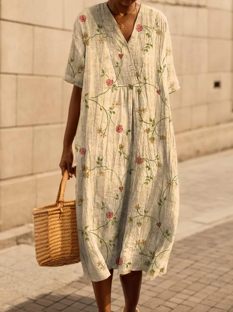 TIAFORD Womens Summer Boho Floral Retro V Neck Beach Sundress Casual Loose Short Sleeve Midi Flowy Dresses with Pockets