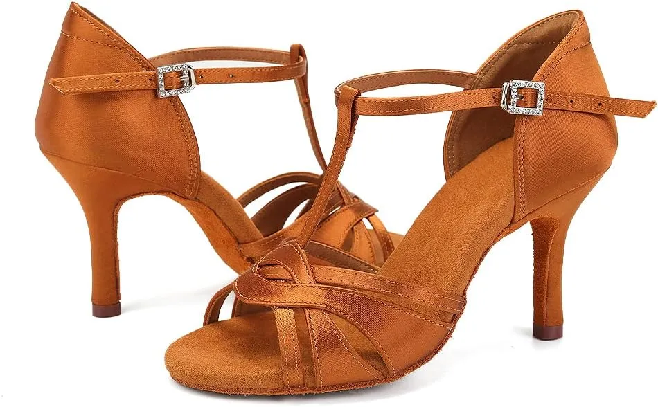TINRYMX Women Latin Dance Shoes T-Strap Ballroom Salsa Cha-cha Professional Practice Dance Shoes,Model 3038TXD