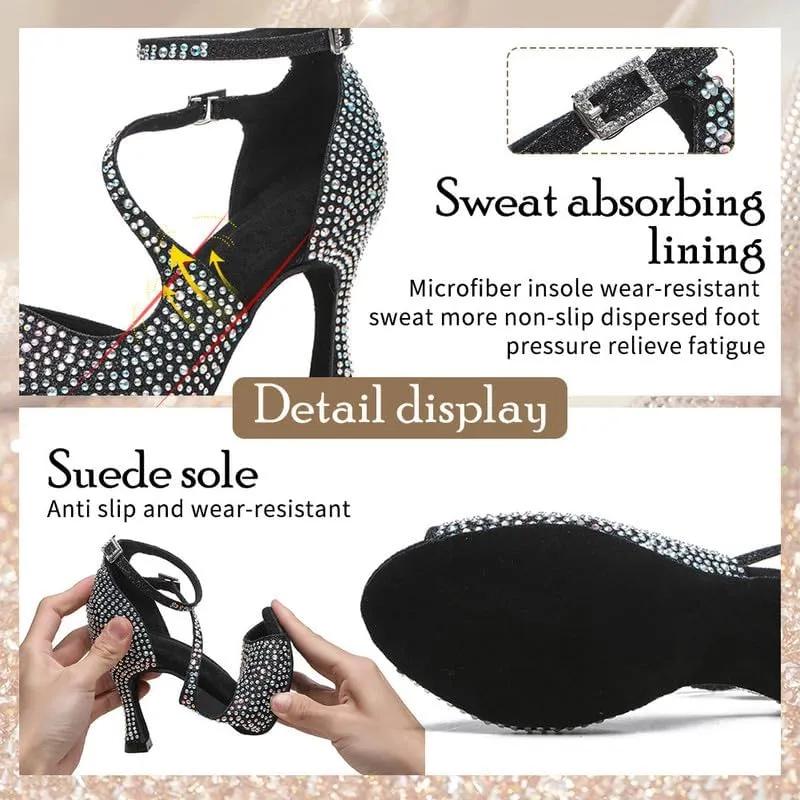 TINRYMX Women Rhinestone Ballroom Dance Shoes Sparkling Latin Salsa Performance Party Dance Shoes, Model-L549
