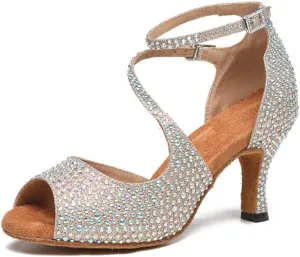 TINRYMX Women Rhinestone Ballroom Dance Shoes Sparkling Latin Salsa Performance Party Dance Shoes, Model-L549