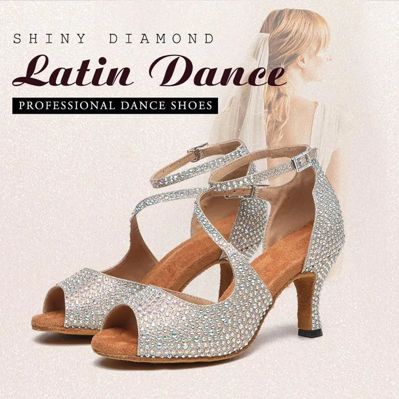 TINRYMX Women Rhinestone Ballroom Dance Shoes Sparkling Latin Salsa Performance Party Dance Shoes, Model-L549