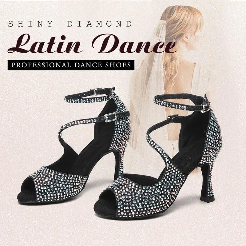 TINRYMX Women Rhinestone Ballroom Dance Shoes Sparkling Latin Salsa Performance Party Dance Shoes, Model-L549