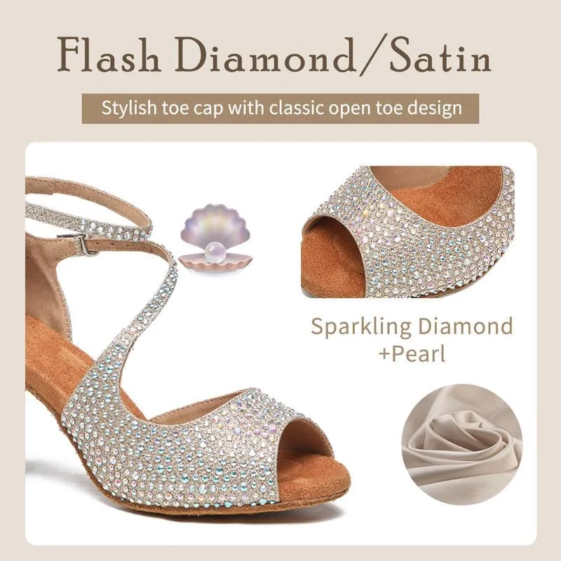 TINRYMX Women Rhinestone Ballroom Dance Shoes Sparkling Latin Salsa Performance Party Dance Shoes, Model-L549