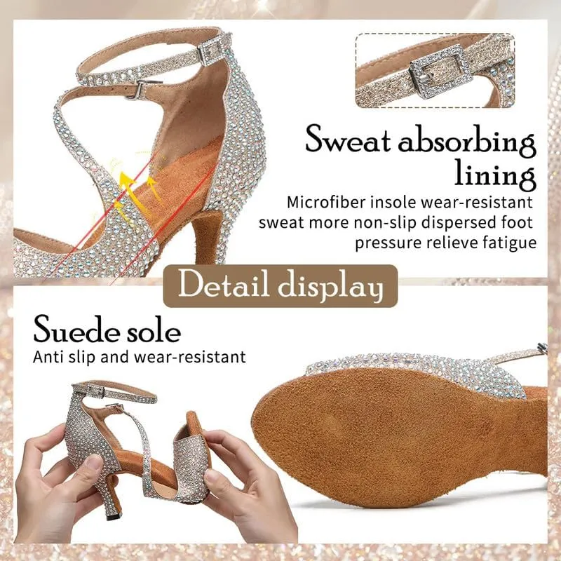 TINRYMX Women Rhinestone Ballroom Dance Shoes Sparkling Latin Salsa Performance Party Dance Shoes, Model-L549
