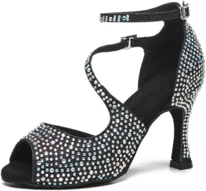 TINRYMX Women Rhinestone Ballroom Dance Shoes Sparkling Latin Salsa Performance Party Dance Shoes, Model-L549