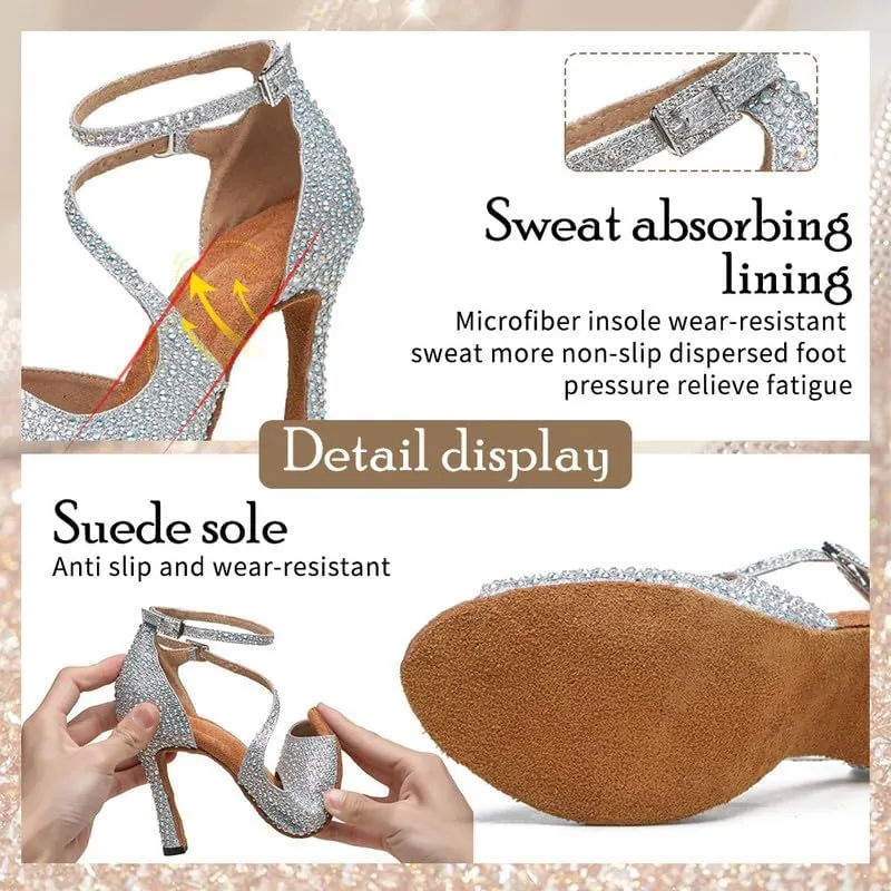 TINRYMX Women Rhinestone Ballroom Dance Shoes Sparkling Latin Salsa Performance Party Dance Shoes, Model-L549