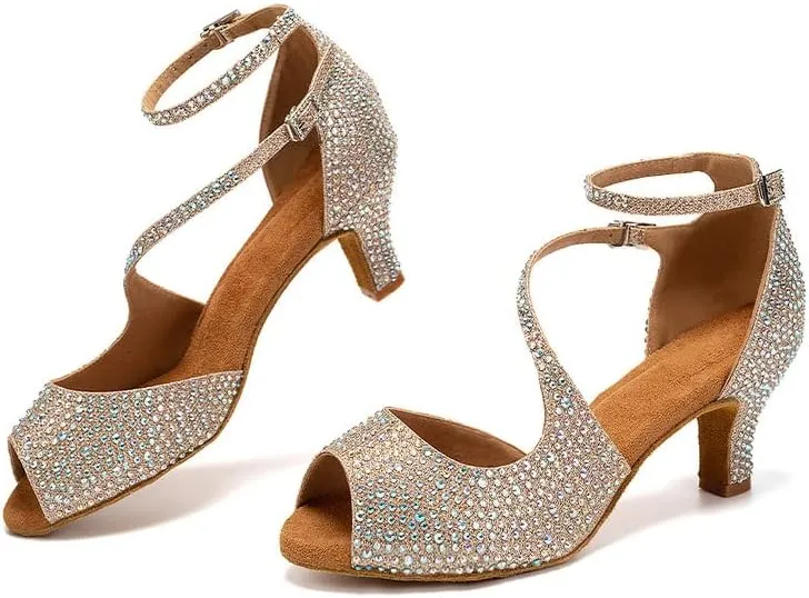 TINRYMX Women Rhinestone Ballroom Dance Shoes Sparkling Latin Salsa Performance Party Dance Shoes, Model-L549