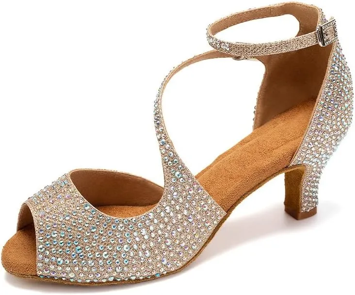 TINRYMX Women Rhinestone Ballroom Dance Shoes Sparkling Latin Salsa Performance Party Dance Shoes, Model-L549