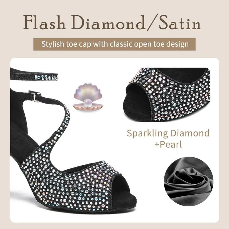 TINRYMX Women Rhinestone Ballroom Dance Shoes Sparkling Latin Salsa Performance Party Dance Shoes, Model-L549