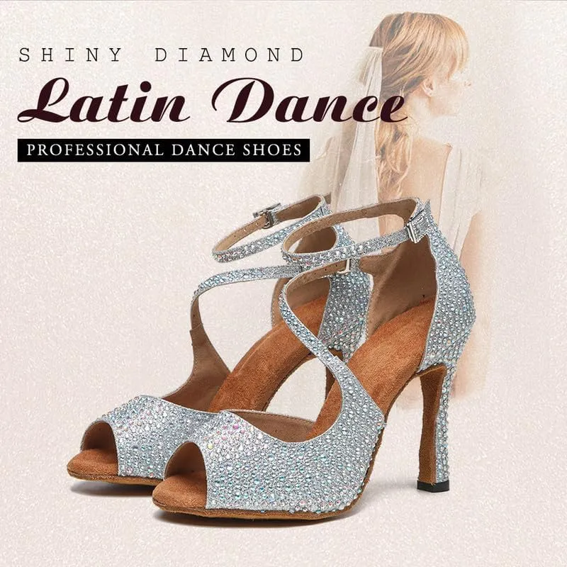 TINRYMX Women Rhinestone Ballroom Dance Shoes Sparkling Latin Salsa Performance Party Dance Shoes, Model-L549