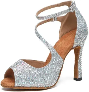 TINRYMX Women Rhinestone Ballroom Dance Shoes Sparkling Latin Salsa Performance Party Dance Shoes, Model-L549