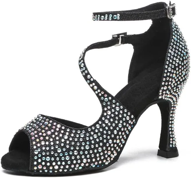 TINRYMX Women Rhinestone Ballroom Dance Shoes Sparkling Latin Salsa Performance Party Dance Shoes, Model-L549