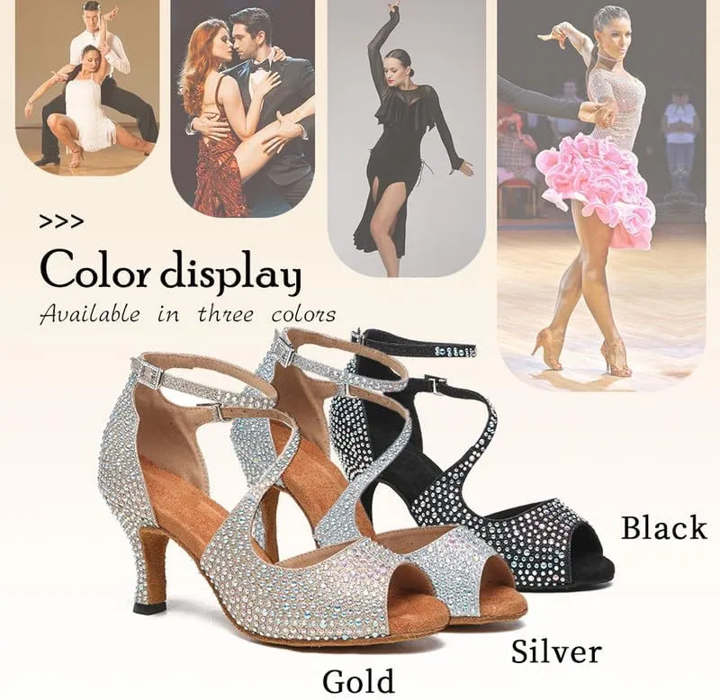 TINRYMX Women Rhinestone Ballroom Dance Shoes Sparkling Latin Salsa Performance Party Dance Shoes, Model-L549