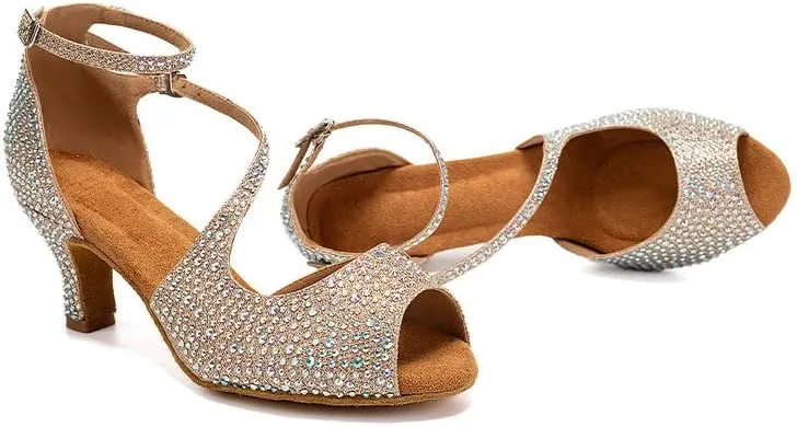 TINRYMX Women Rhinestone Ballroom Dance Shoes Sparkling Latin Salsa Performance Party Dance Shoes, Model-L549