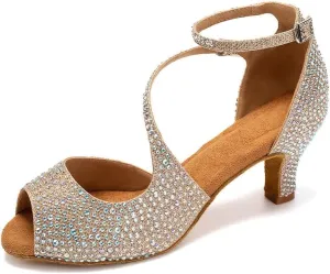 TINRYMX Women Rhinestone Ballroom Dance Shoes Sparkling Latin Salsa Performance Party Dance Shoes, Model-L549
