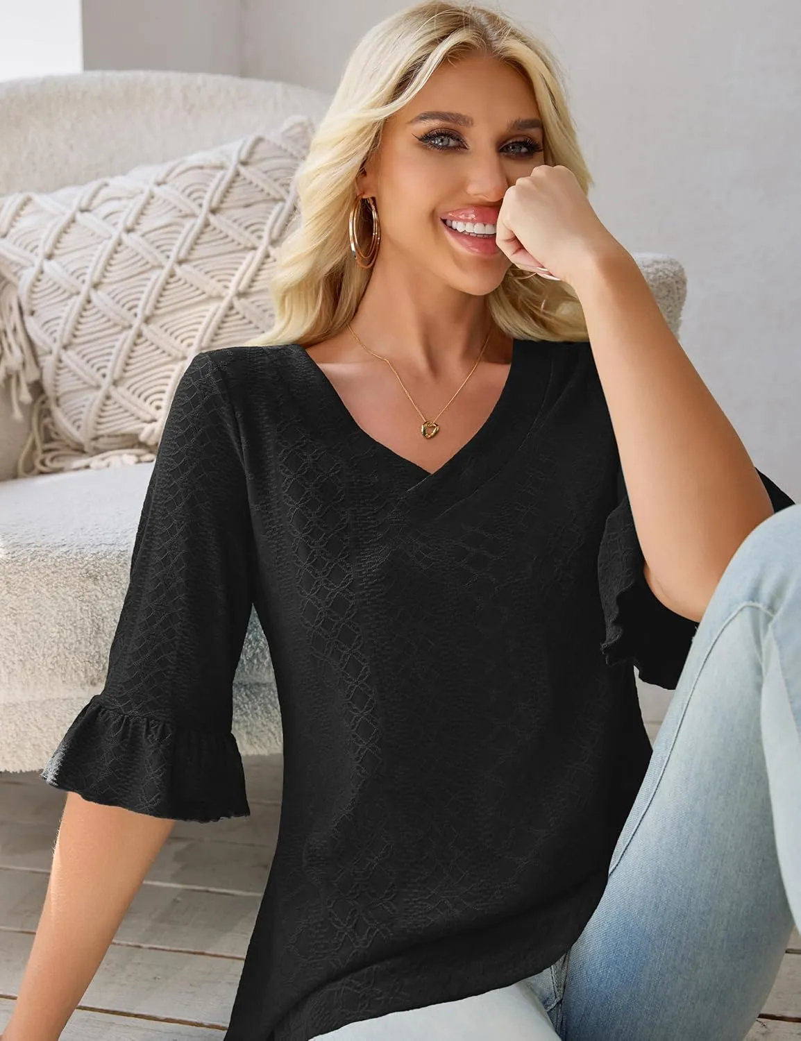 Tralilbee Women's Plus Size 3/4 Sleeve Tunic Tops V-Neck Casual Blouses Loose Fit Tunic Shirts, L-4XL