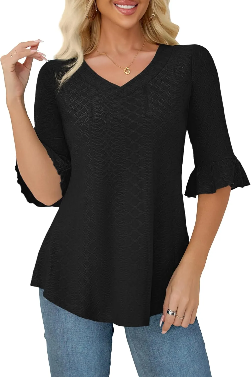 Tralilbee Women's Plus Size 3/4 Sleeve Tunic Tops V-Neck Casual Blouses Loose Fit Tunic Shirts, L-4XL