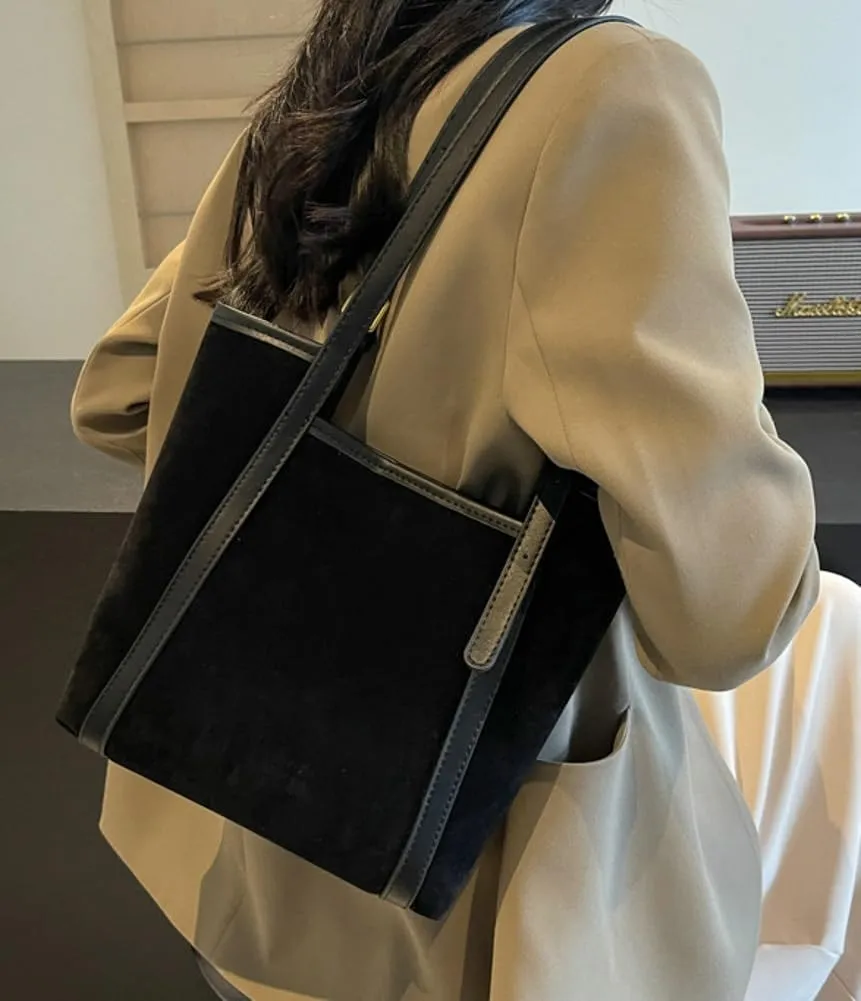 Trendy Suede Bag for Women Fall Winter Shoulder Bag Suede Bucket Tote Bag Top Handle Bag Work Commute Purse 2pcs