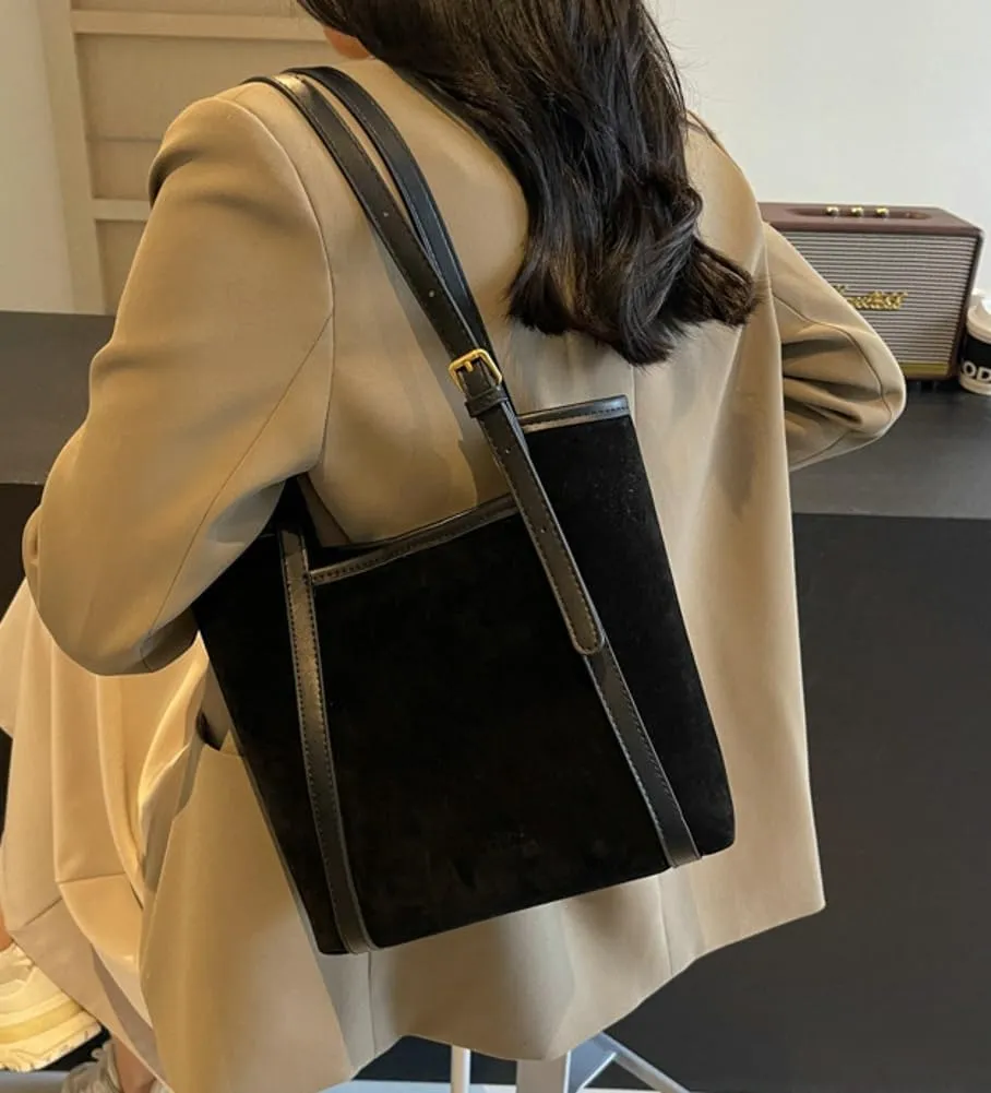 Trendy Suede Bag for Women Fall Winter Shoulder Bag Suede Bucket Tote Bag Top Handle Bag Work Commute Purse 2pcs