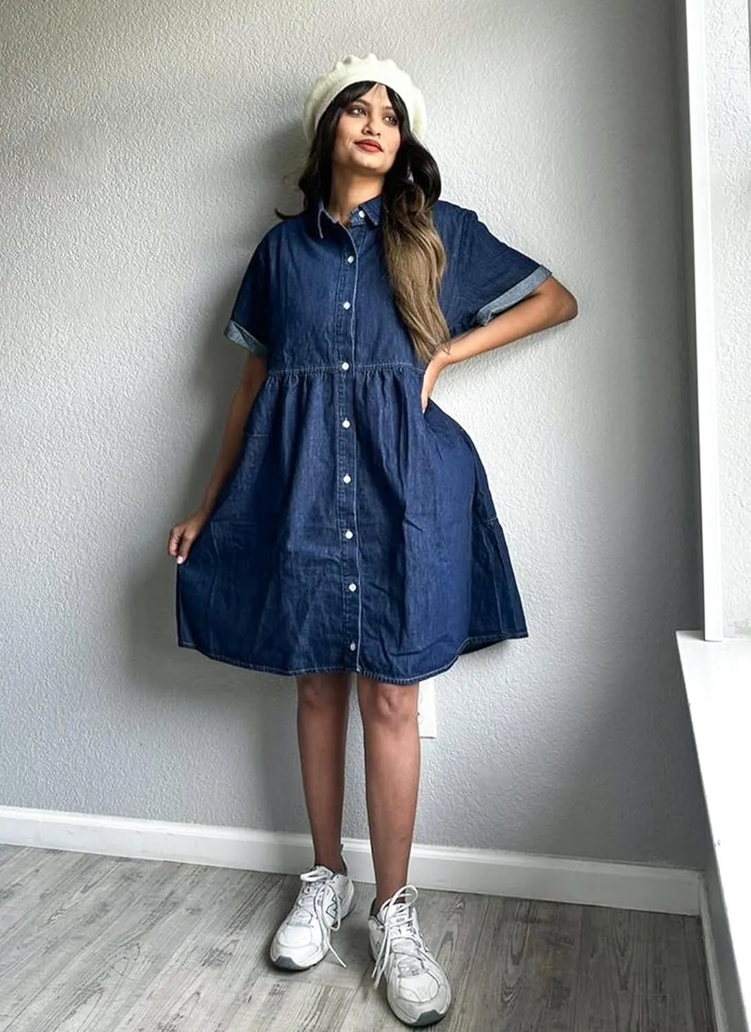 Utyful Denim Dress for Women Summer Dress Short Sleeve Button Down Tiered Babydoll Denim Jean Dress