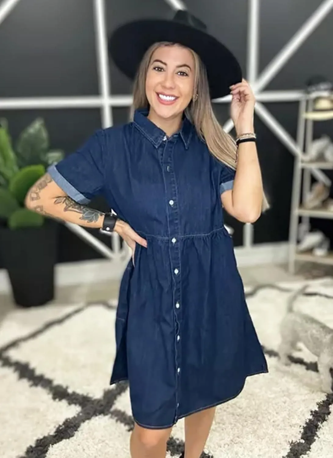 Utyful Denim Dress for Women Summer Dress Short Sleeve Button Down Tiered Babydoll Denim Jean Dress
