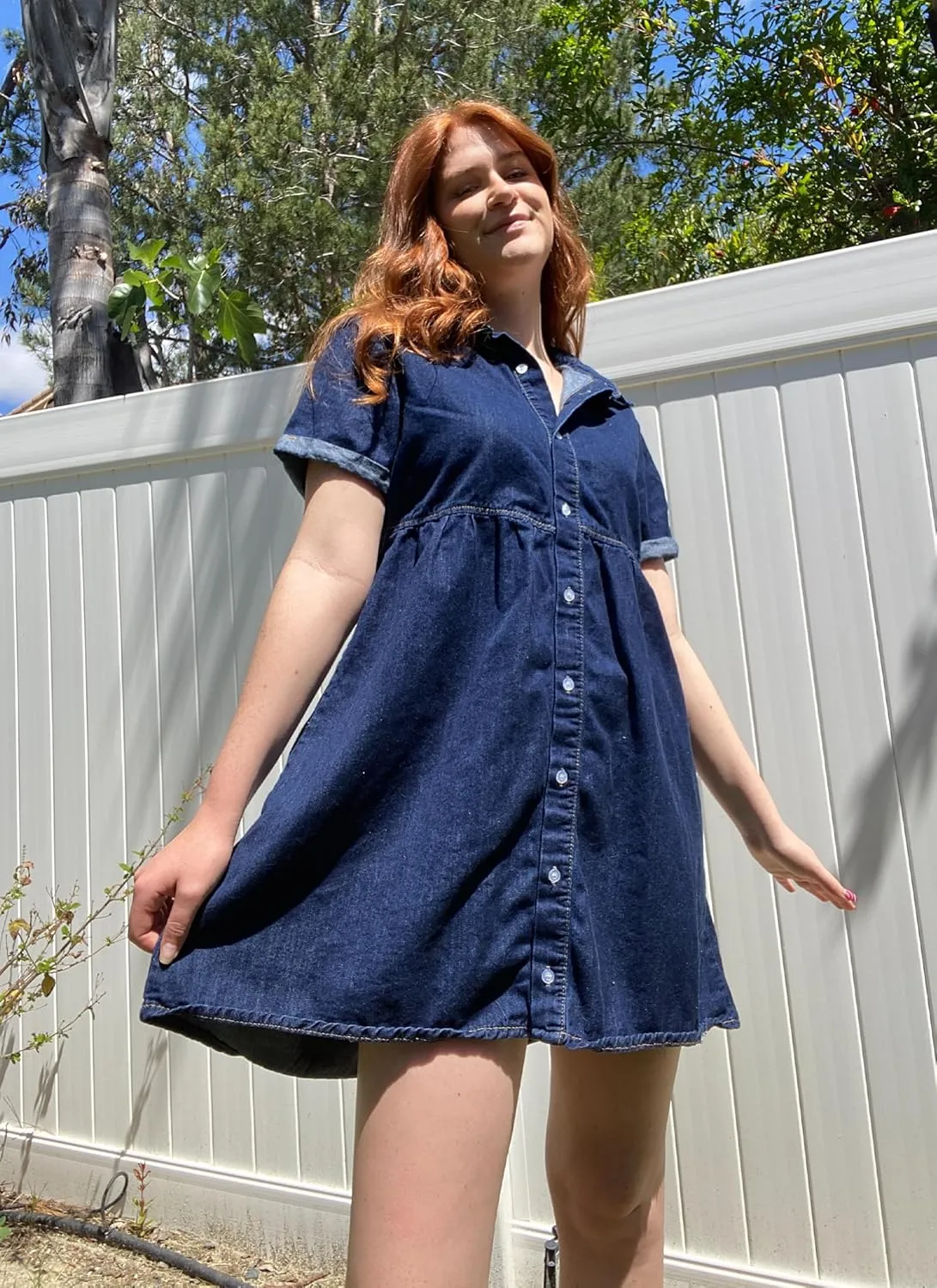 Utyful Denim Dress for Women Summer Dress Short Sleeve Button Down Tiered Babydoll Denim Jean Dress