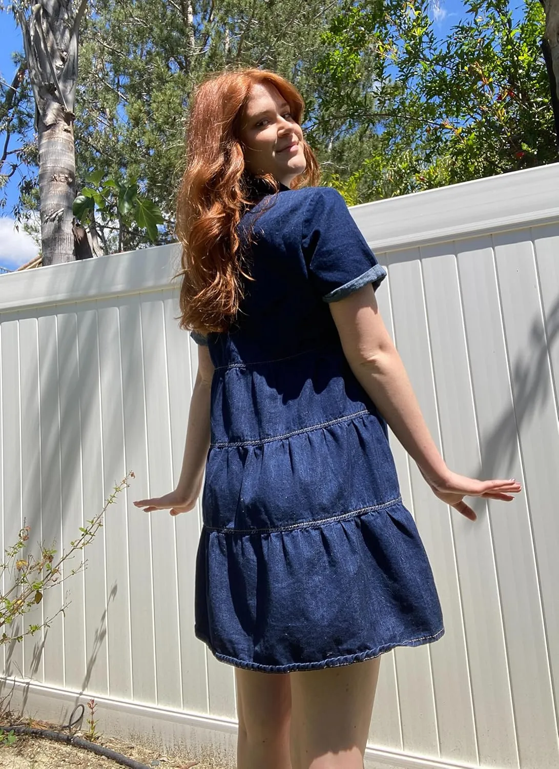 Utyful Denim Dress for Women Summer Dress Short Sleeve Button Down Tiered Babydoll Denim Jean Dress