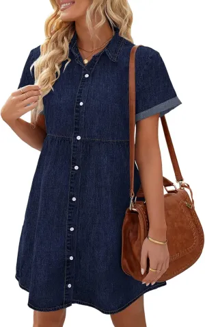 Utyful Denim Dress for Women Summer Dress Short Sleeve Button Down Tiered Babydoll Denim Jean Dress