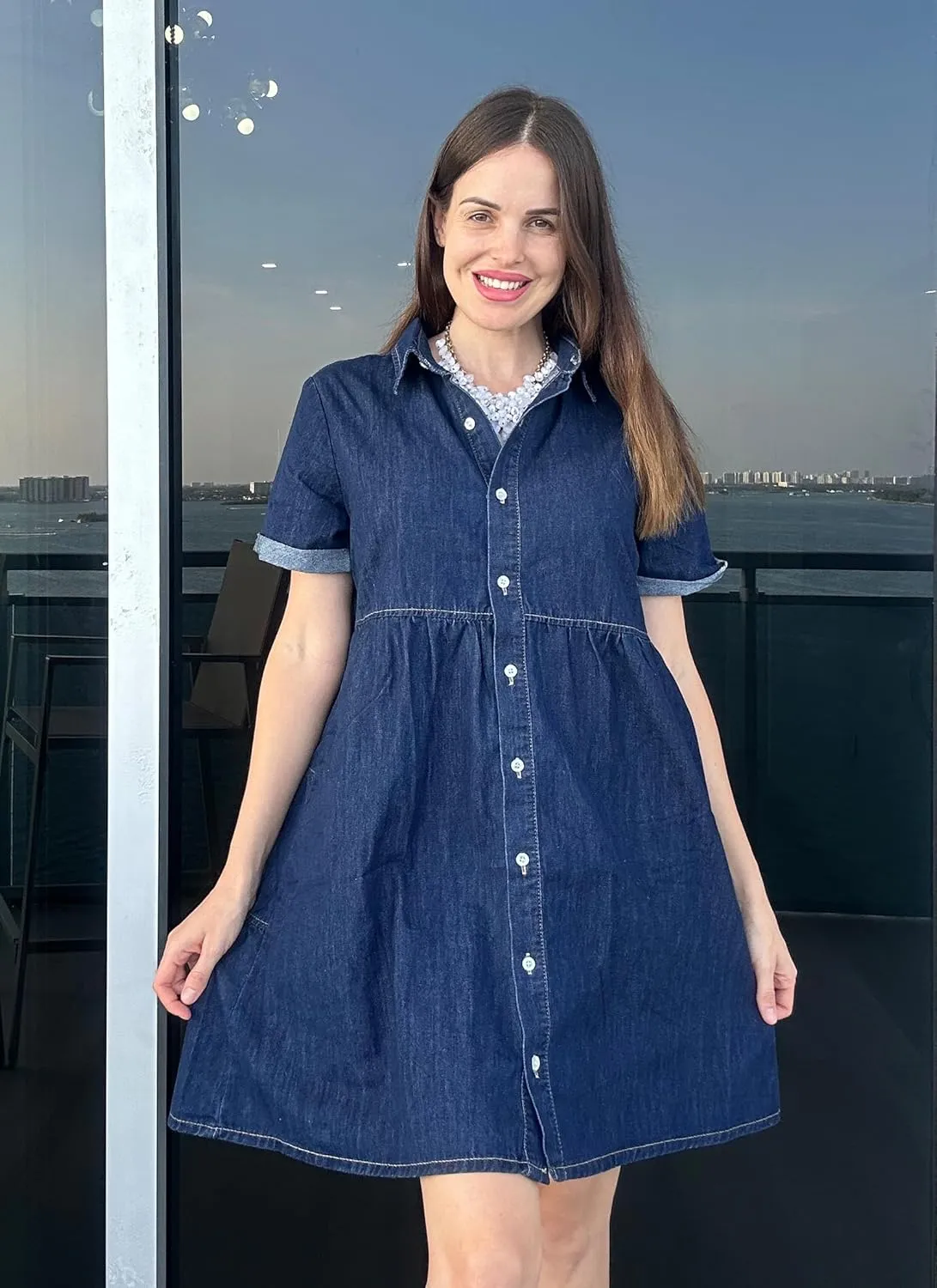Utyful Denim Dress for Women Summer Dress Short Sleeve Button Down Tiered Babydoll Denim Jean Dress