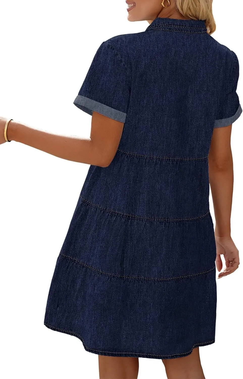 Utyful Denim Dress for Women Summer Dress Short Sleeve Button Down Tiered Babydoll Denim Jean Dress