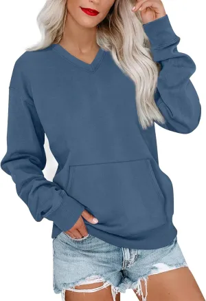 V Neck Sweatshirt Women No Hood Pocket Oversized Comfy Hoodie Y2k Soft Plain Fleece Pullover Cute Sweatshirts