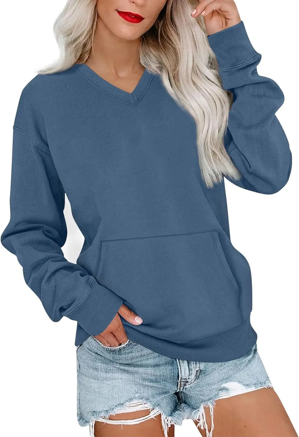 V Neck Sweatshirt Women No Hood Pocket Oversized Comfy Hoodie Y2k Soft Plain Fleece Pullover Cute Sweatshirts