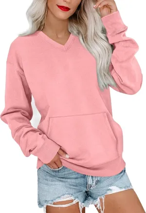 V Neck Sweatshirt Women No Hood Pocket Oversized Comfy Hoodie Y2k Soft Plain Fleece Pullover Cute Sweatshirts