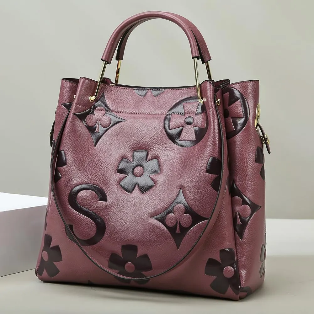 Vegan Leather Tote Bag Embossed Bucket Handbag Trendy Purse for Women Top Handle Work Hobo Bag Shoulder Purse