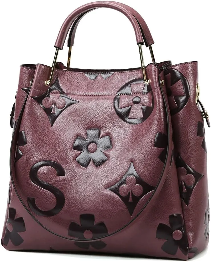 Vegan Leather Tote Bag Embossed Bucket Handbag Trendy Purse for Women Top Handle Work Hobo Bag Shoulder Purse