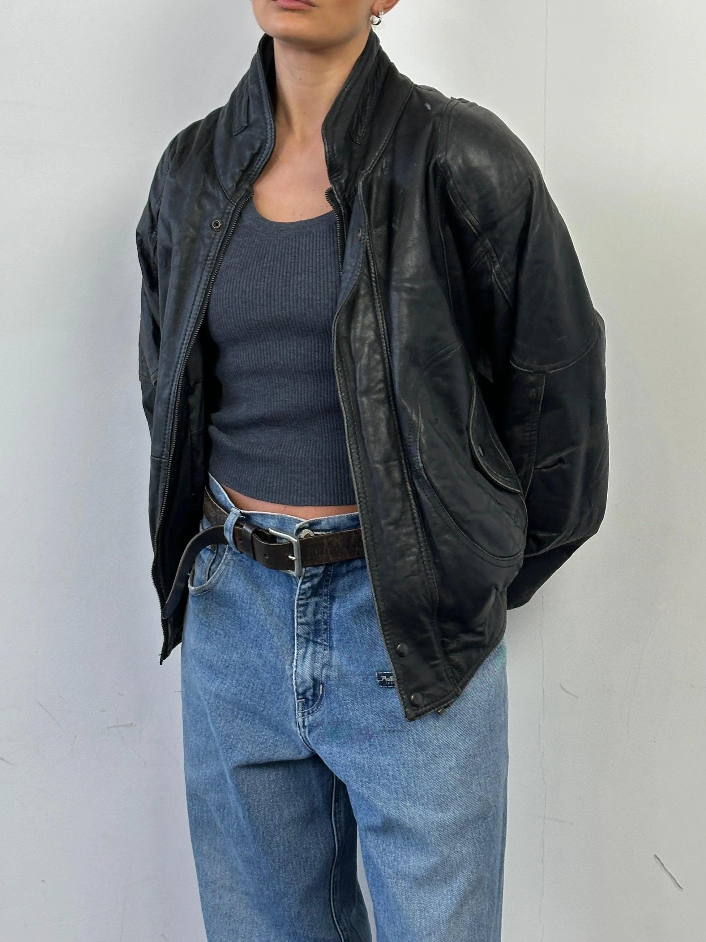 Vintage Leather Bomber Jacket - M