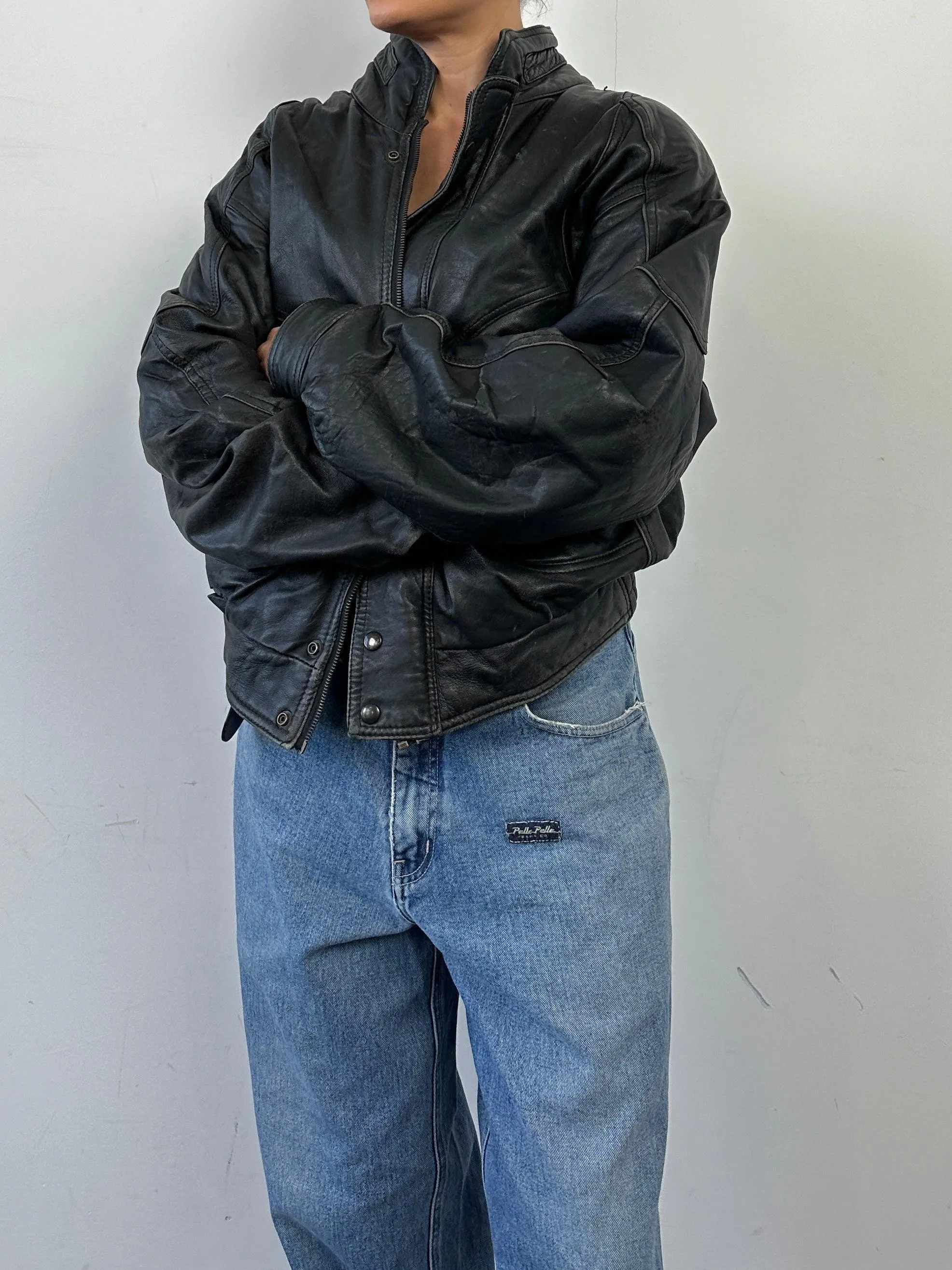 Vintage Leather Bomber Jacket - M