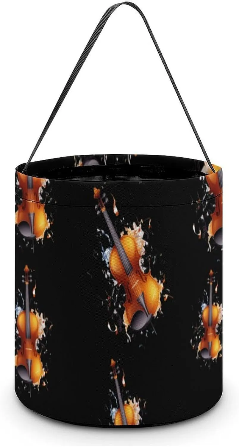 Violin Music Note Cute Halloween Trick Or Treat Bag Pumpkin Candy Tote Bucket Portable Collapsible Reusable Goody Bucket