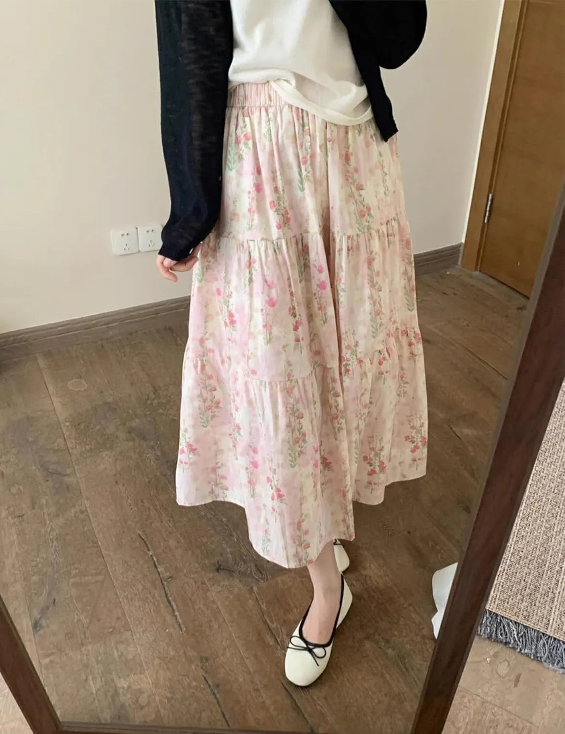 Wanzetaly Women's Floral Print Midi Skirt Summer Boho Pleated Skirt Elastic High Waist A-Line Flowy Skirts