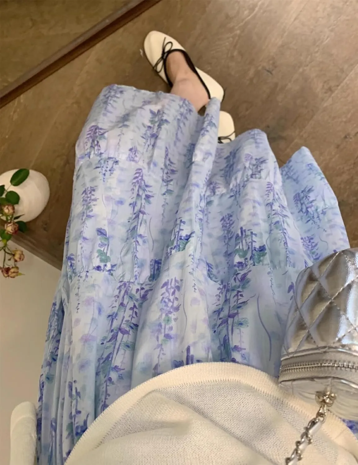 Wanzetaly Women's Floral Print Midi Skirt Summer Boho Pleated Skirt Elastic High Waist A-Line Flowy Skirts