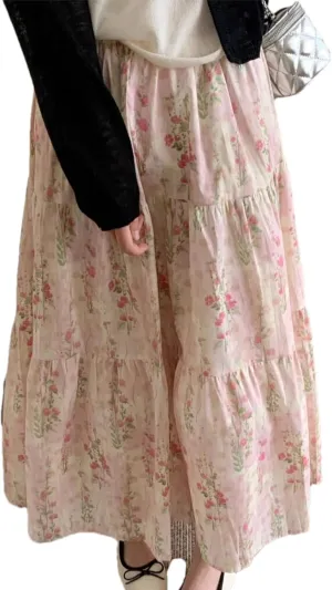 Wanzetaly Women's Floral Print Midi Skirt Summer Boho Pleated Skirt Elastic High Waist A-Line Flowy Skirts