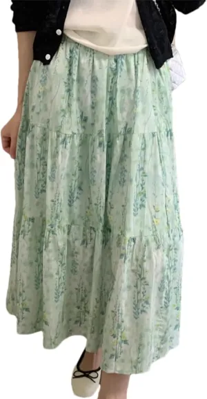 Wanzetaly Women's Floral Print Midi Skirt Summer Boho Pleated Skirt Elastic High Waist A-Line Flowy Skirts
