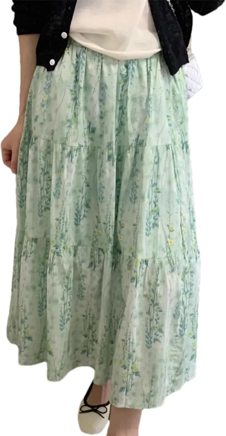 Wanzetaly Women's Floral Print Midi Skirt Summer Boho Pleated Skirt Elastic High Waist A-Line Flowy Skirts