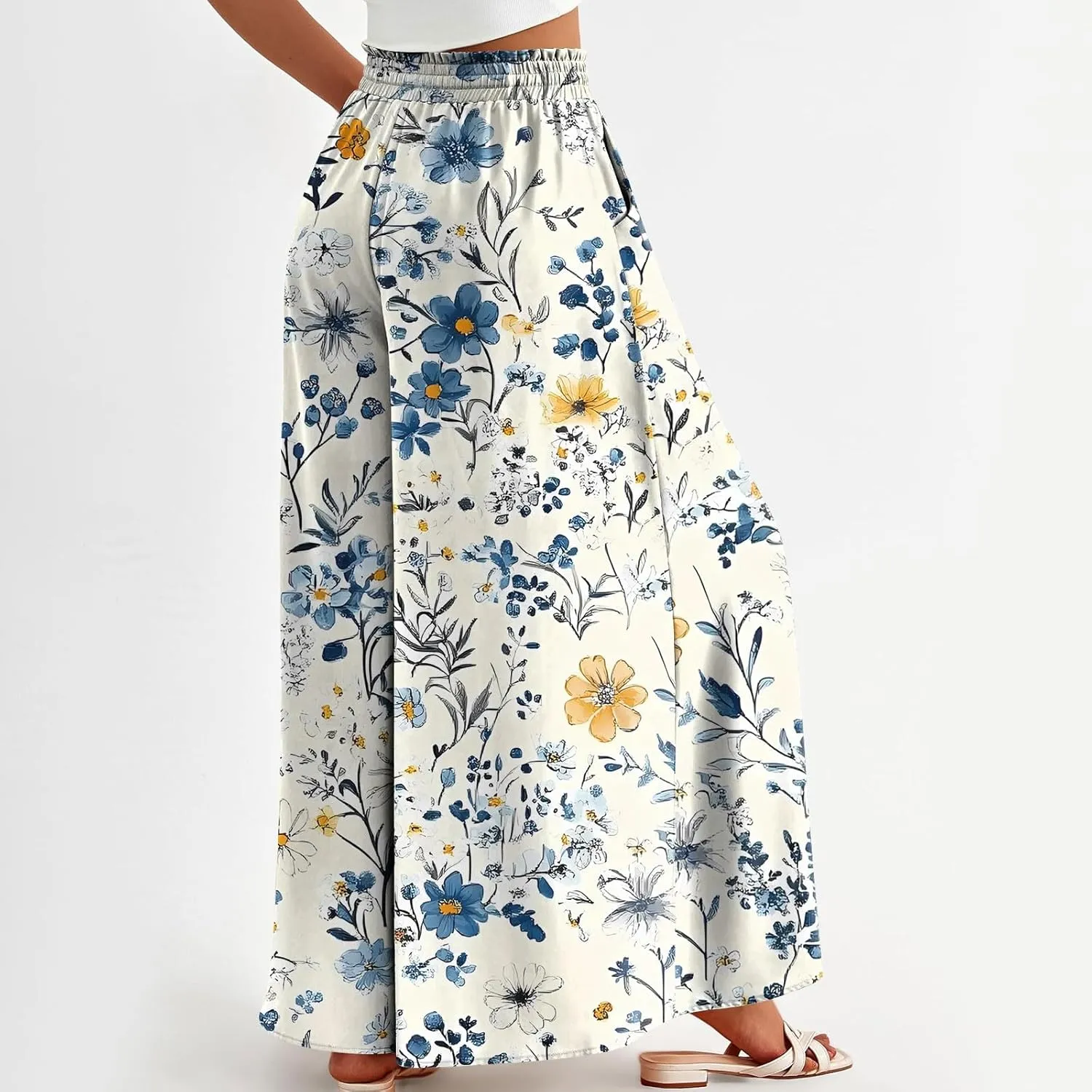 WANZZXCSL Women Casual High Waist Wide Leg Pants Summer Fashion Long Palazzo Pants Lounge Beach Trousers with Pocket