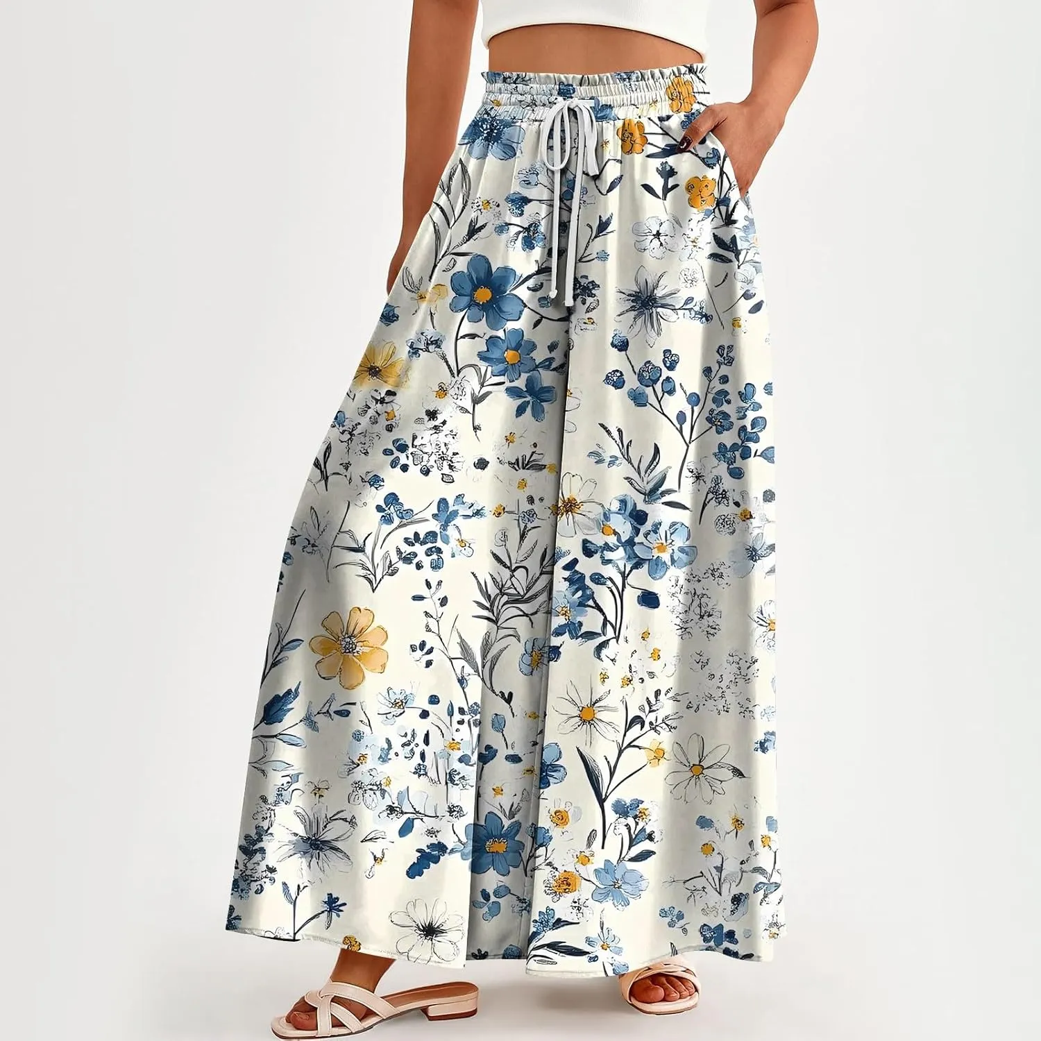 WANZZXCSL Women Casual High Waist Wide Leg Pants Summer Fashion Long Palazzo Pants Lounge Beach Trousers with Pocket