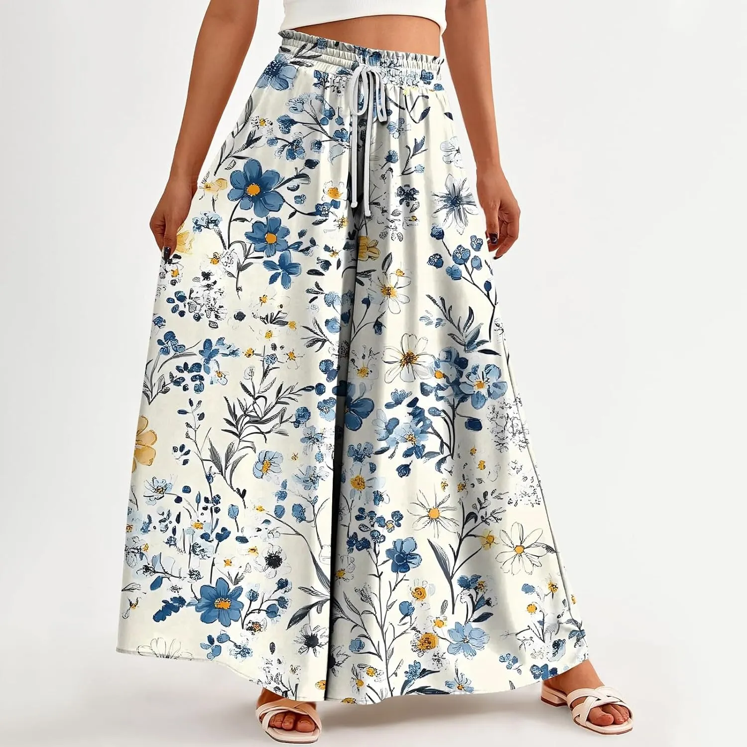 WANZZXCSL Women Casual High Waist Wide Leg Pants Summer Fashion Long Palazzo Pants Lounge Beach Trousers with Pocket