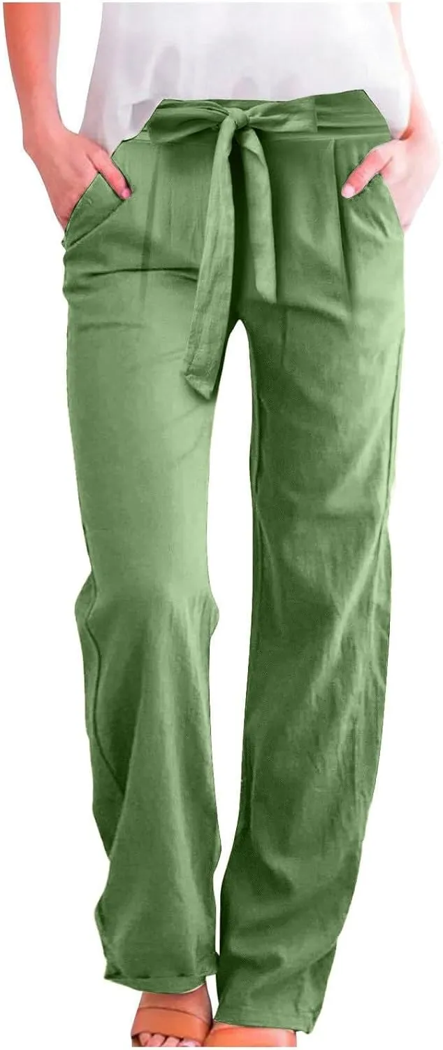 Wide Leg Linen Pants for Women Baggy High Waisted Drawstring Paperbag Pants Plus Size Palazzo Trousers with Pockets
