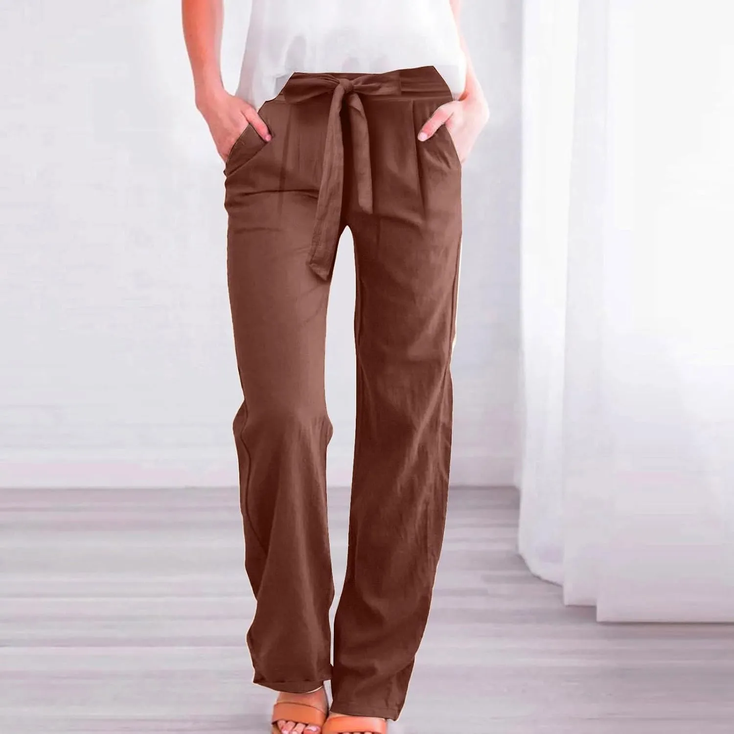 Wide Leg Linen Pants for Women Baggy High Waisted Drawstring Paperbag Pants Plus Size Palazzo Trousers with Pockets