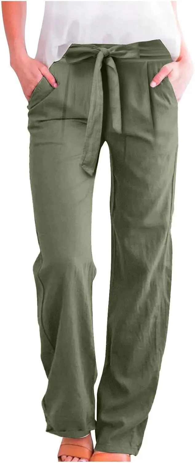 Wide Leg Linen Pants for Women Baggy High Waisted Drawstring Paperbag Pants Plus Size Palazzo Trousers with Pockets